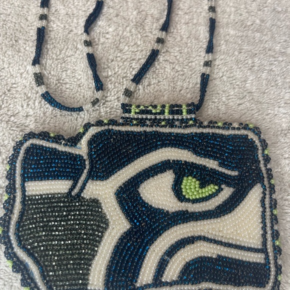 Handmade beaded Seattle Seahawks medallion necklace with leather back - Picture 3 of 5